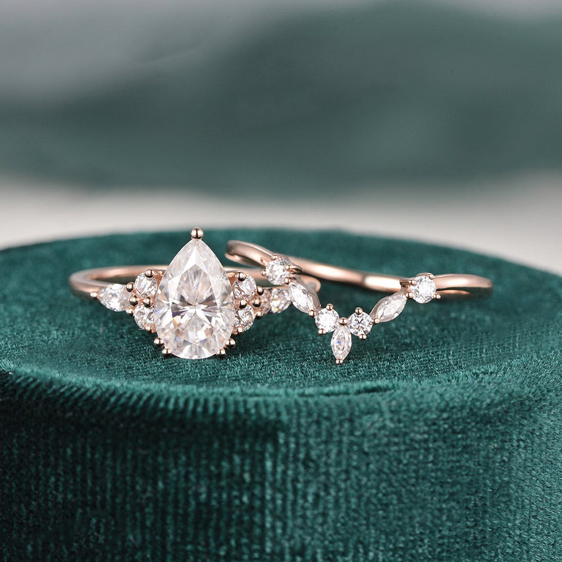 Vintage Style Bridal Ring Set, Pear Cut Center Stone