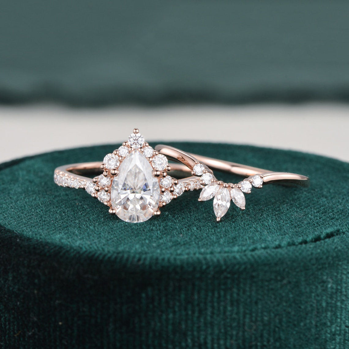 Vintage Style Bridal Ring Set, Pear Cut Center Stone