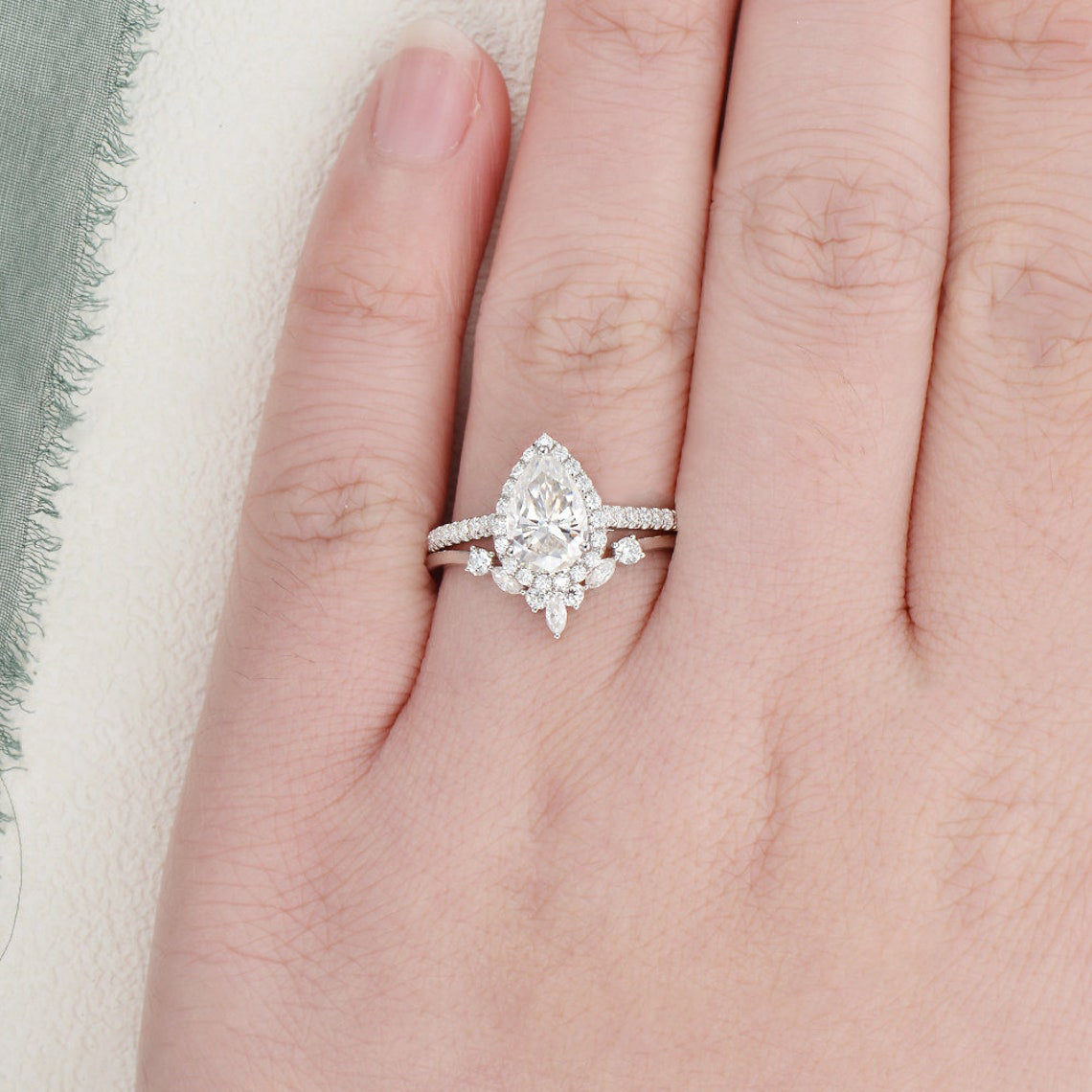 Vintage Style Bridal Ring Set, Pear Cut Center Stone