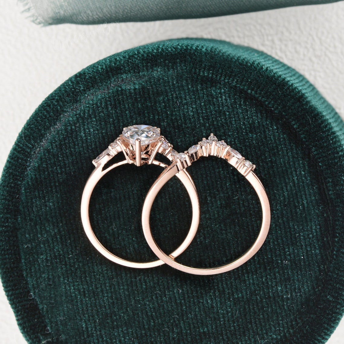 Vintage Style Bridal Ring Set, Pear Cut Center Stone