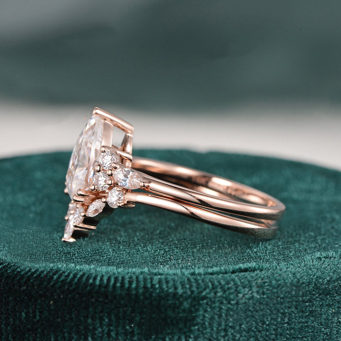 Vintage Style Bridal Ring Set, Pear Cut Center Stone