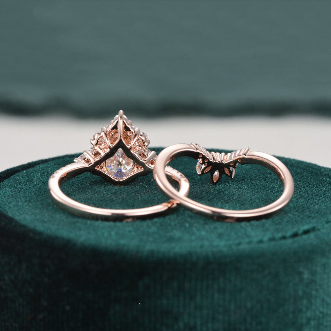 Vintage Style Bridal Ring Set, Pear Cut Center Stone