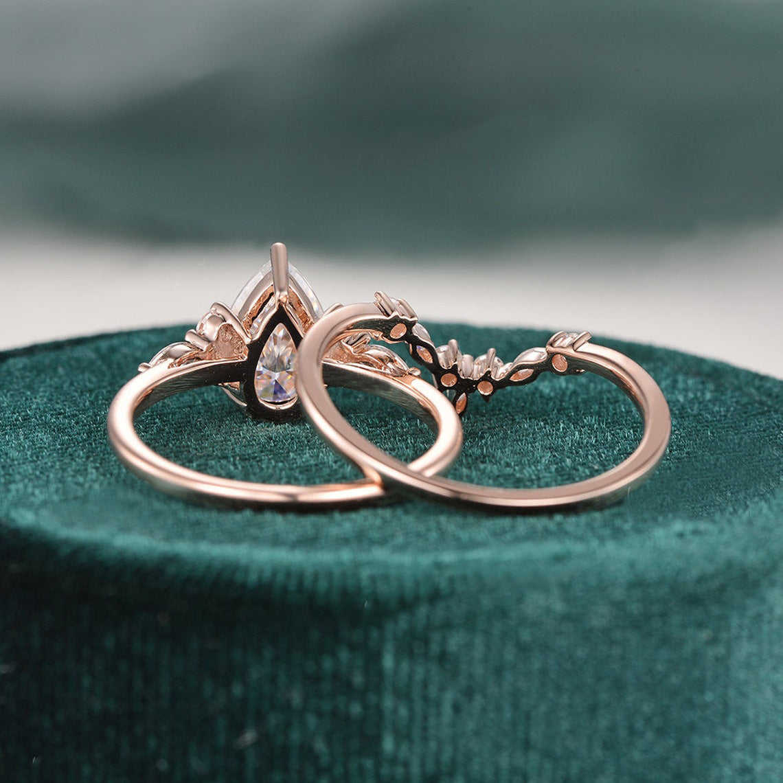 Vintage Style Bridal Ring Set, Pear Cut Center Stone