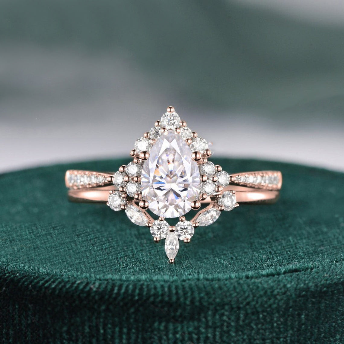 Vintage Style Bridal Ring Set, Pear Cut Center Stone