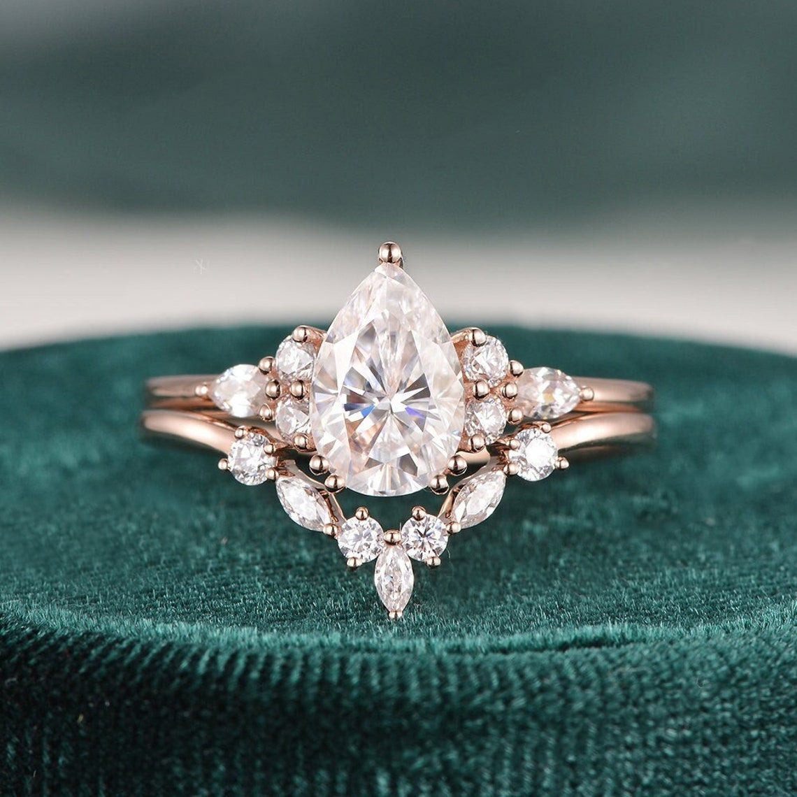 Vintage Style Bridal Ring Set, Pear Cut Center Stone