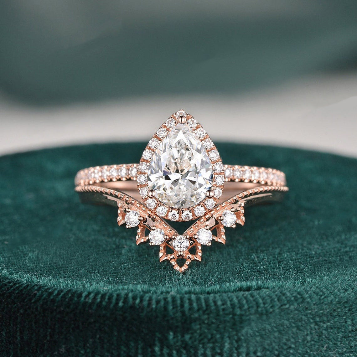 Vintage Style Bridal Ring Set, Pear Cut Center Stone
