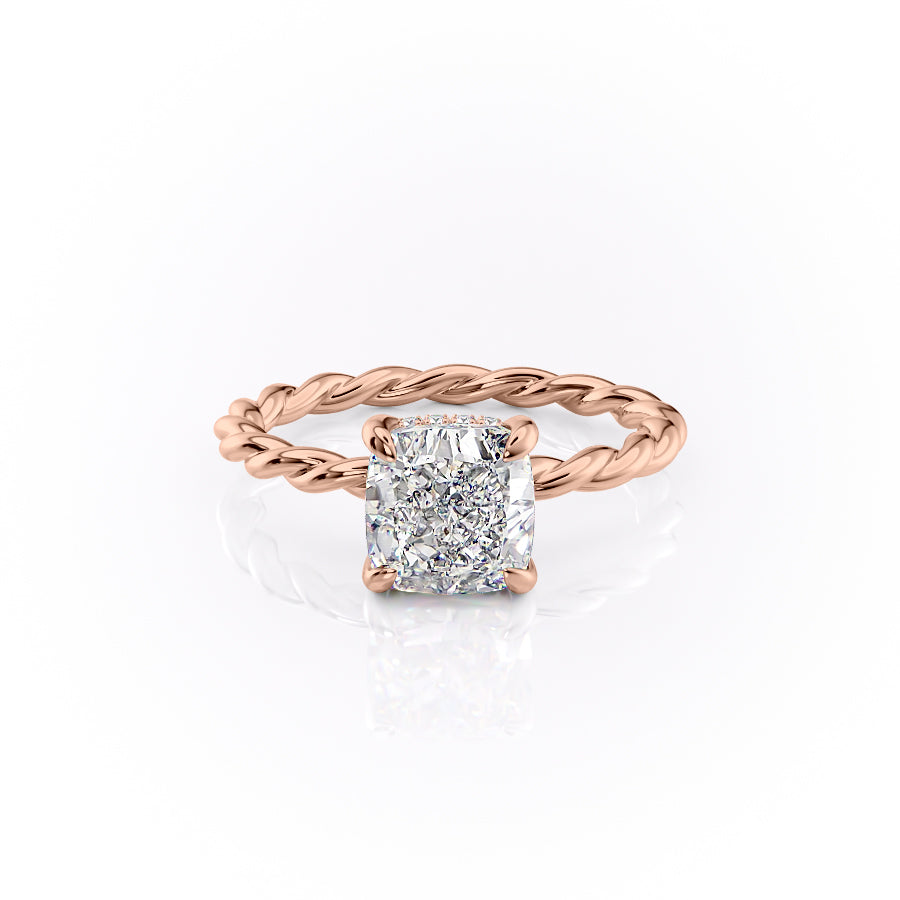 Cushion Cut Lab Diamond Ring, Twisted Band With Hidden Halo