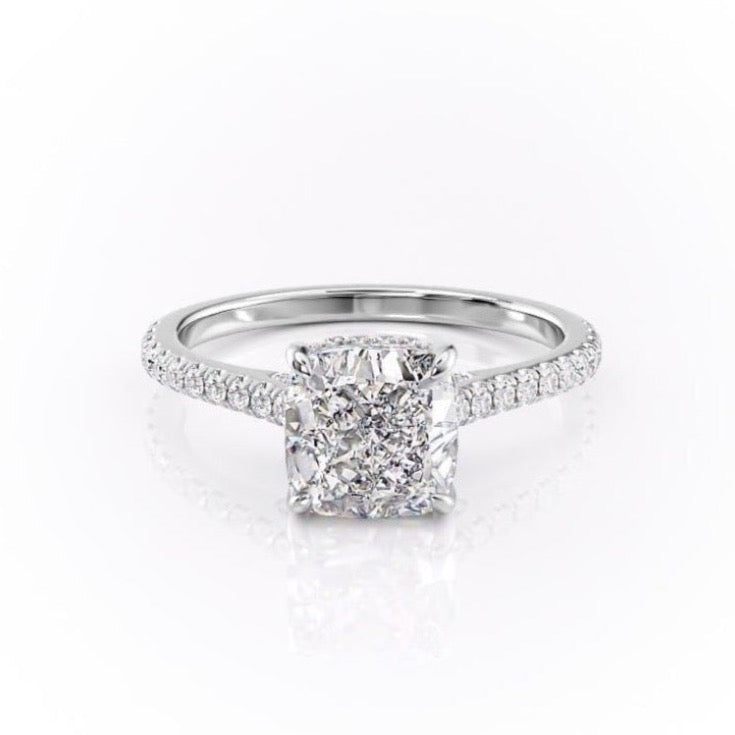 Cushion Cut Lab Diamond Shoulder Set Ring With Hidden Halo