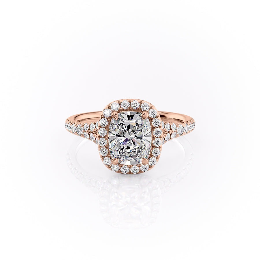 Elongated Cushion Cut Lab Diamond Engagement Ring, Halo With Split Shank