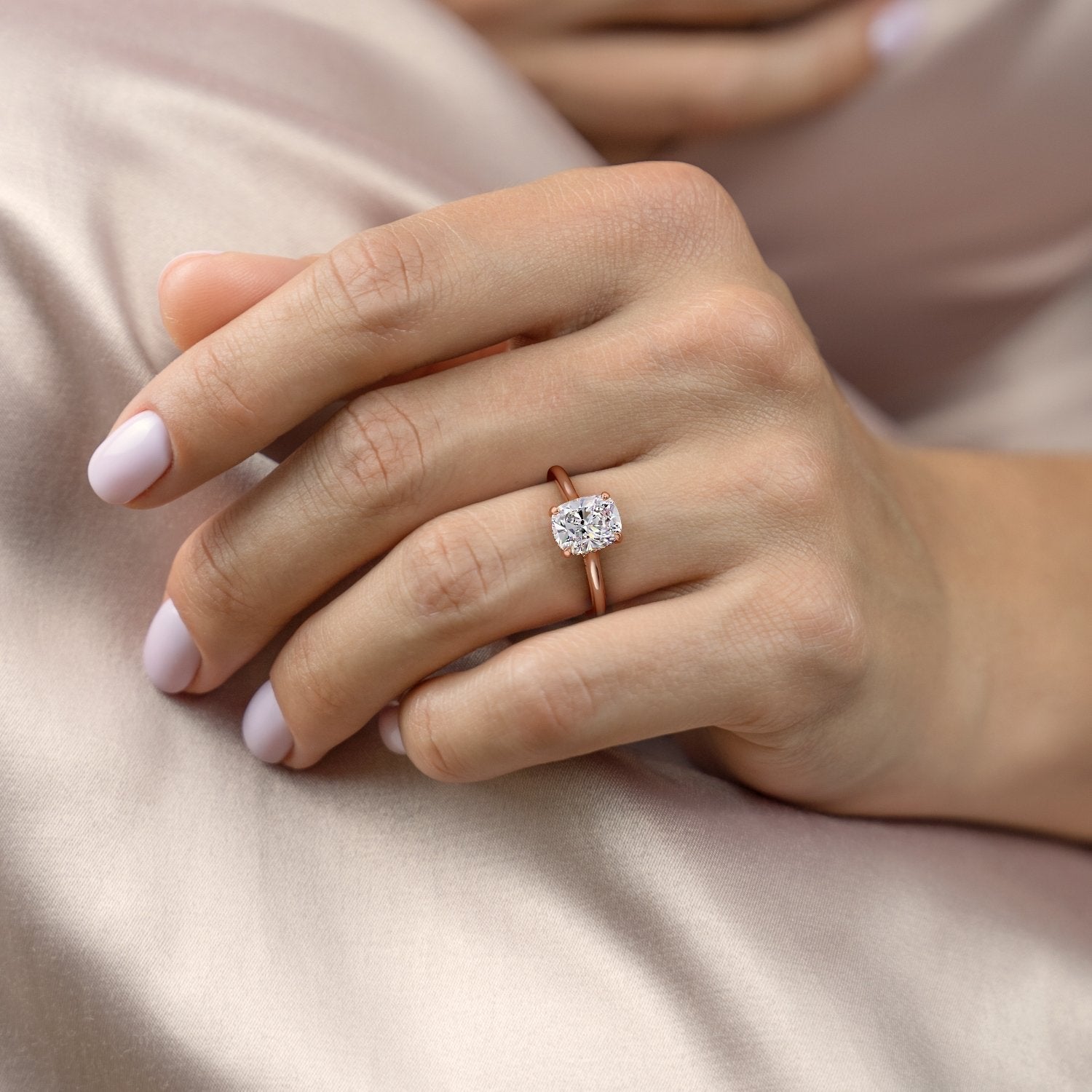 Elongated Cushion Cut Lab Diamond Engagement Ring, Hidden Halo