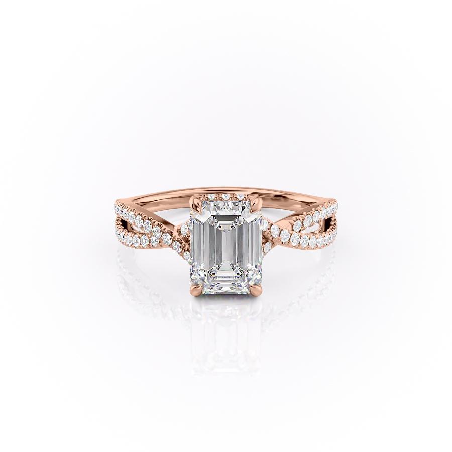 Emerald Cut Lab Diamond Engagement Ring, Twisted Stone Set Shoulders