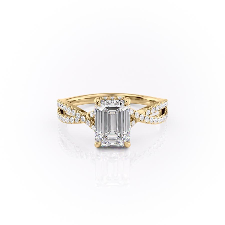 Emerald Cut Lab Diamond Engagement Ring, Twisted Stone Set Shoulders