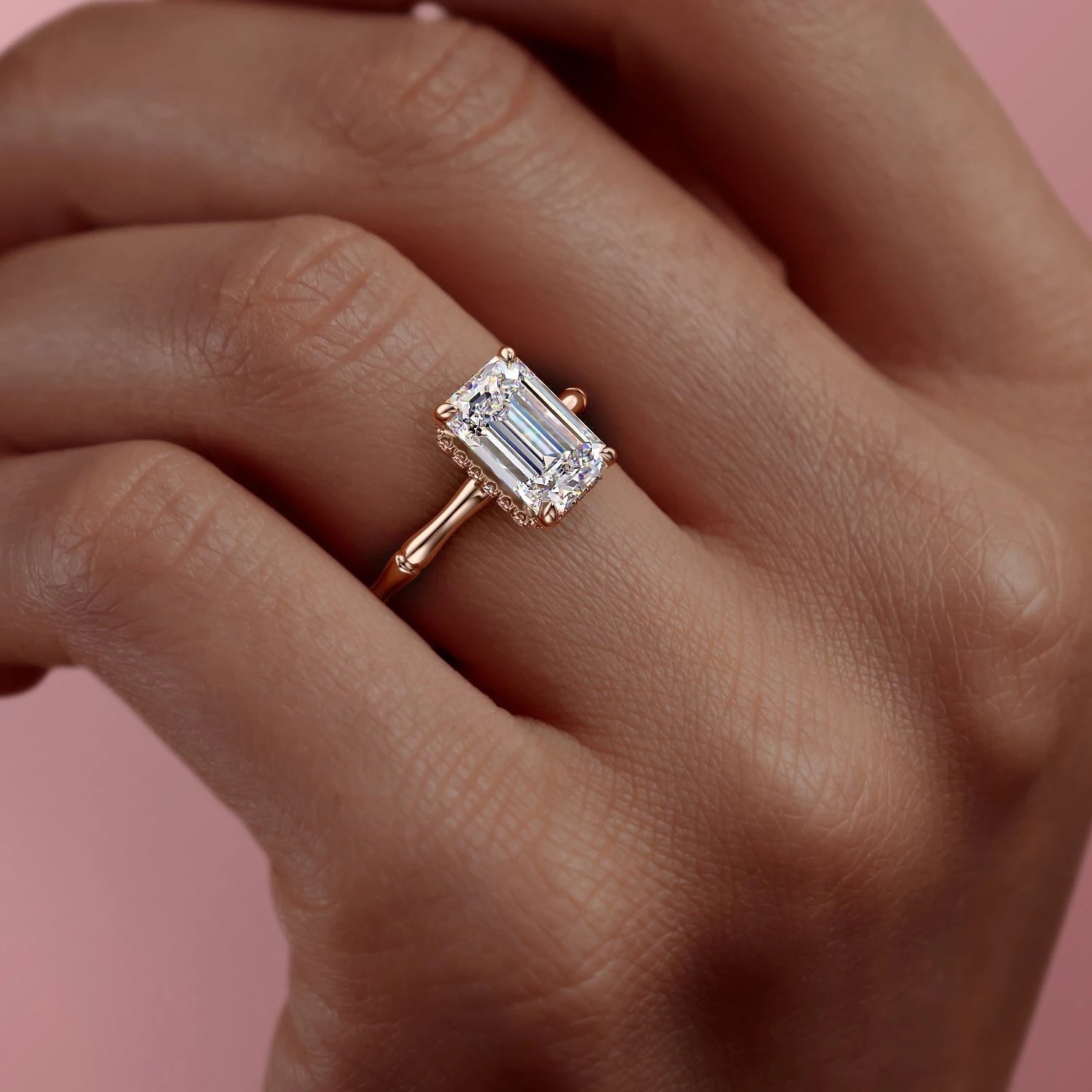 Emerald Cut Lab Diamond Ring With Hidden Halo