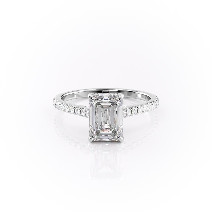 Emerald Cut Lab Diamond Shoulder Set Ring With Hidden Halo
