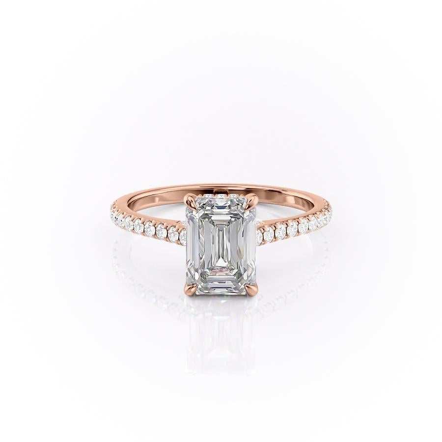 Emerald Cut Lab Diamond Shoulder Set Ring With Hidden Halo