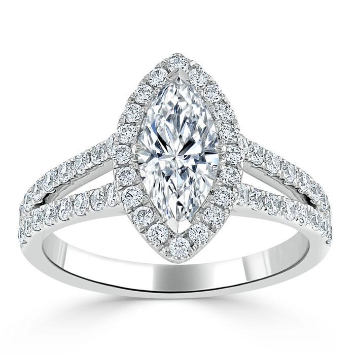 Marquise Cut Lab Diamond Halo Engagement Ring, Tiffany Style