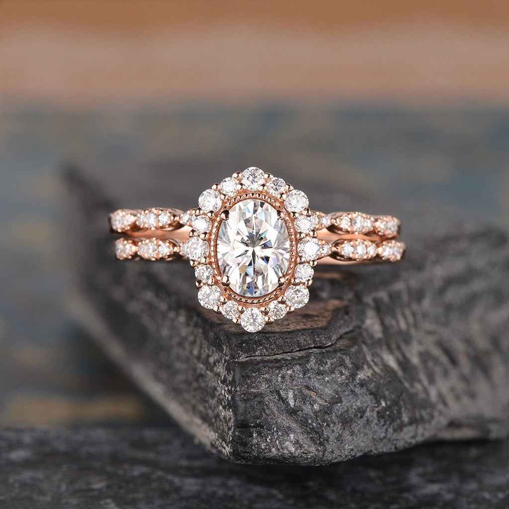 Oval Cut Lab Diamond Bridal Ring Set, Vintage Inspired