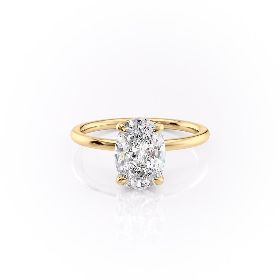 Oval Cut Lab Diamond Engagement Ring, Plain Band & Hidden Halo