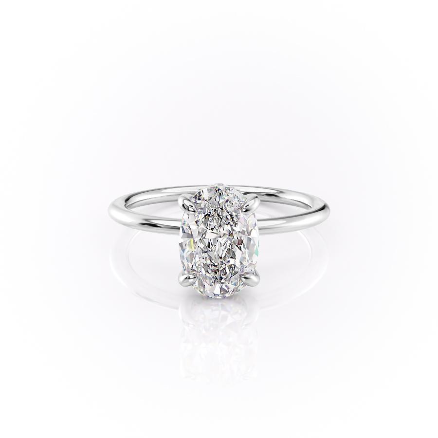 Oval Cut Lab Diamond Engagement Ring, Plain Band & Hidden Halo