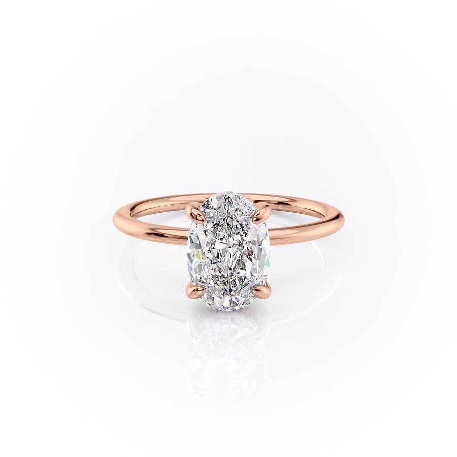 Oval Cut Lab Diamond Engagement Ring, Plain Band & Hidden Halo