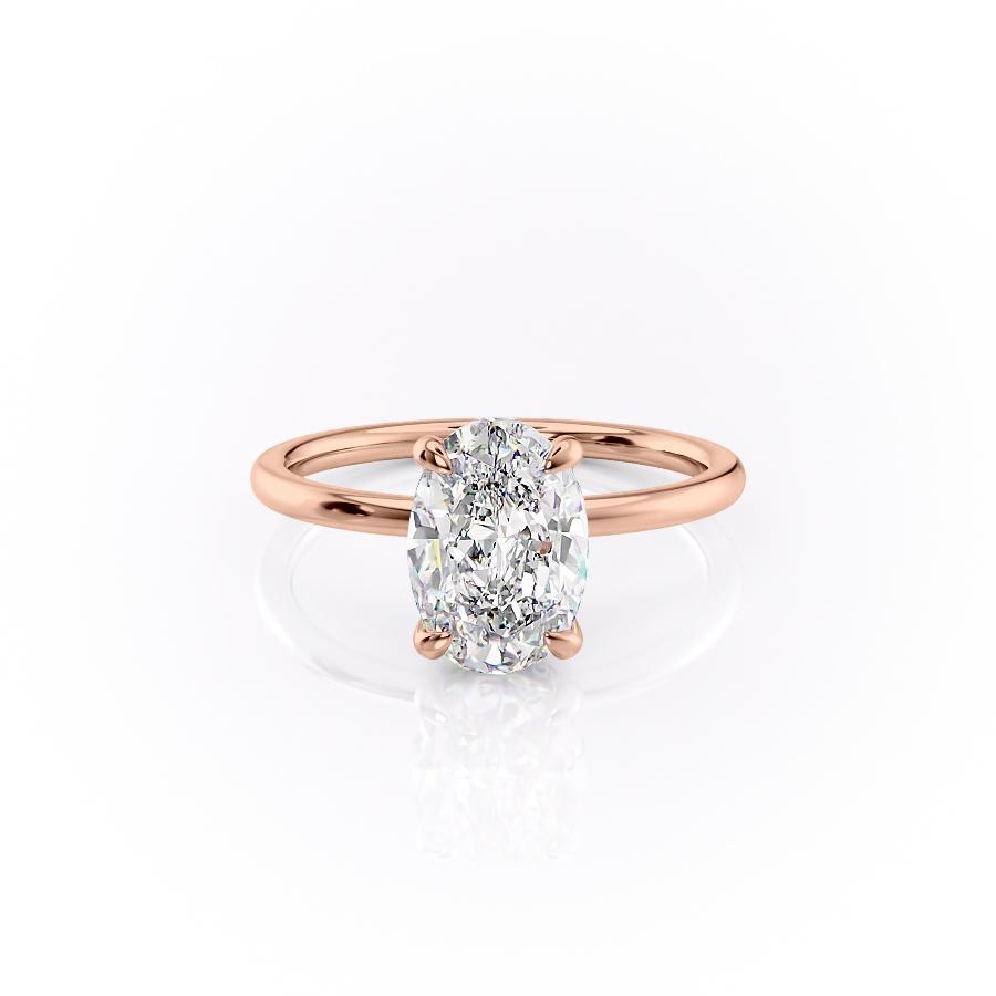 Oval Cut Lab Diamond Engagement Ring, Plain Band & Hidden Halo