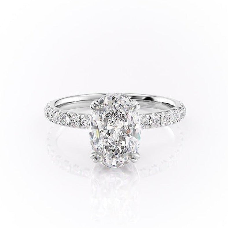Oval Cut Lab Diamond Shoulder Set Ring With Block Halo