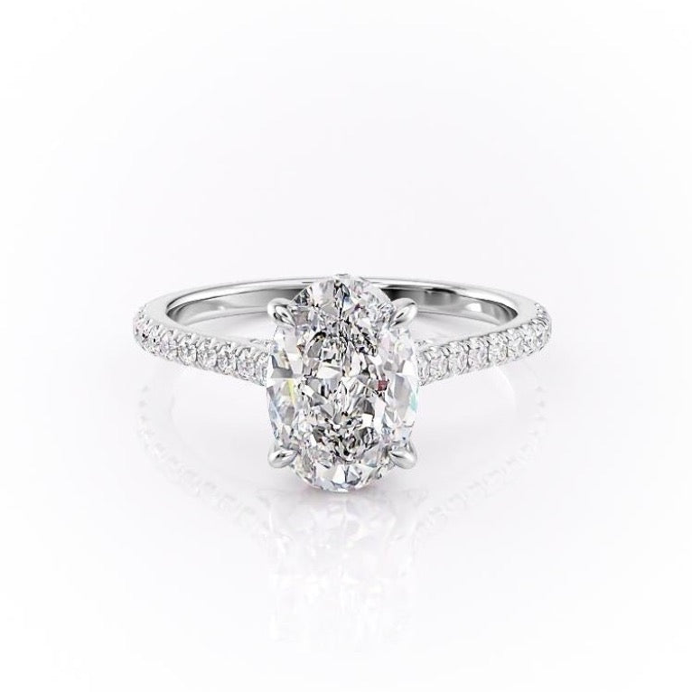 Oval Cut Lab Diamond Shoulder Set Ring With Hidden Halo