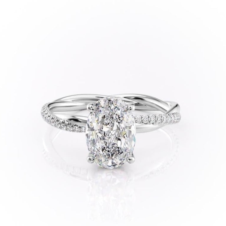 Oval Cut Lab Diamond Twisted Shoulder Set Ring With Hidden Halo