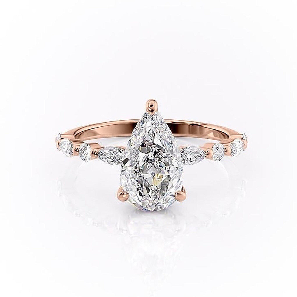 Pear Cut Lab Diamond Engagement Ring With Hidden Halo