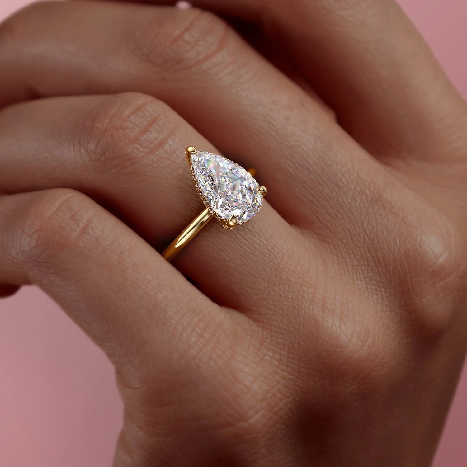Pear Cut Lab Diamond Ring, Hidden Halo Design in
