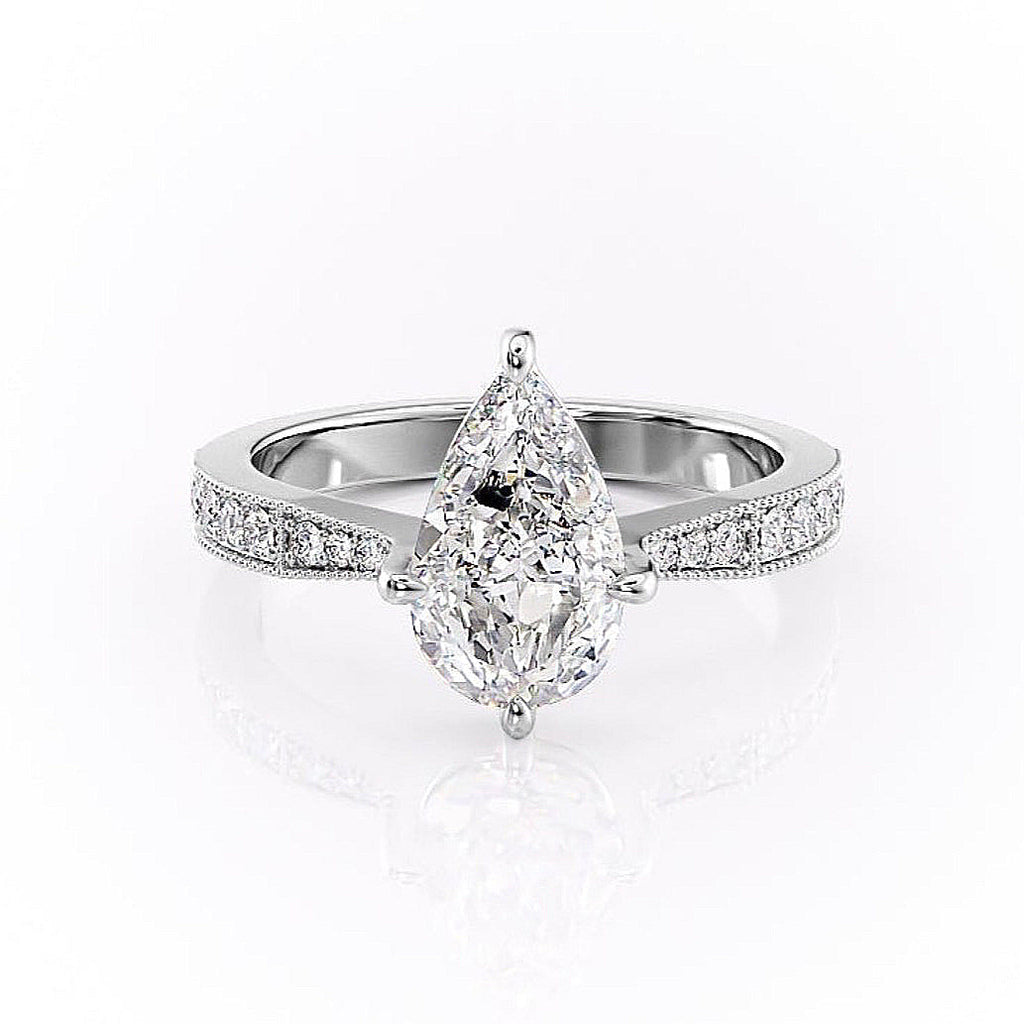 Pear Cut Lab Diamond Stone Set Shoulders With Milgrain Edge