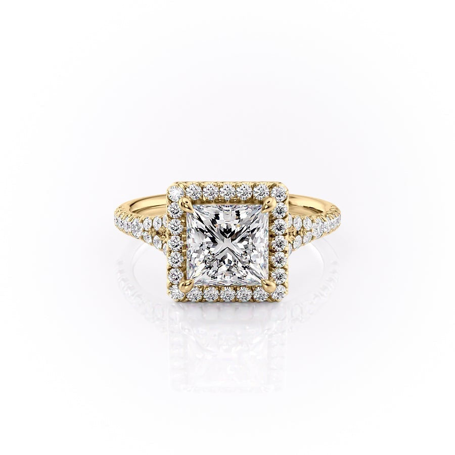 Princess Cut Lab Diamond Engagement Ring, Halo With Split Shank