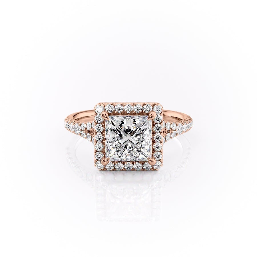 Princess Cut Lab Diamond Engagement Ring, Halo With Split Shank