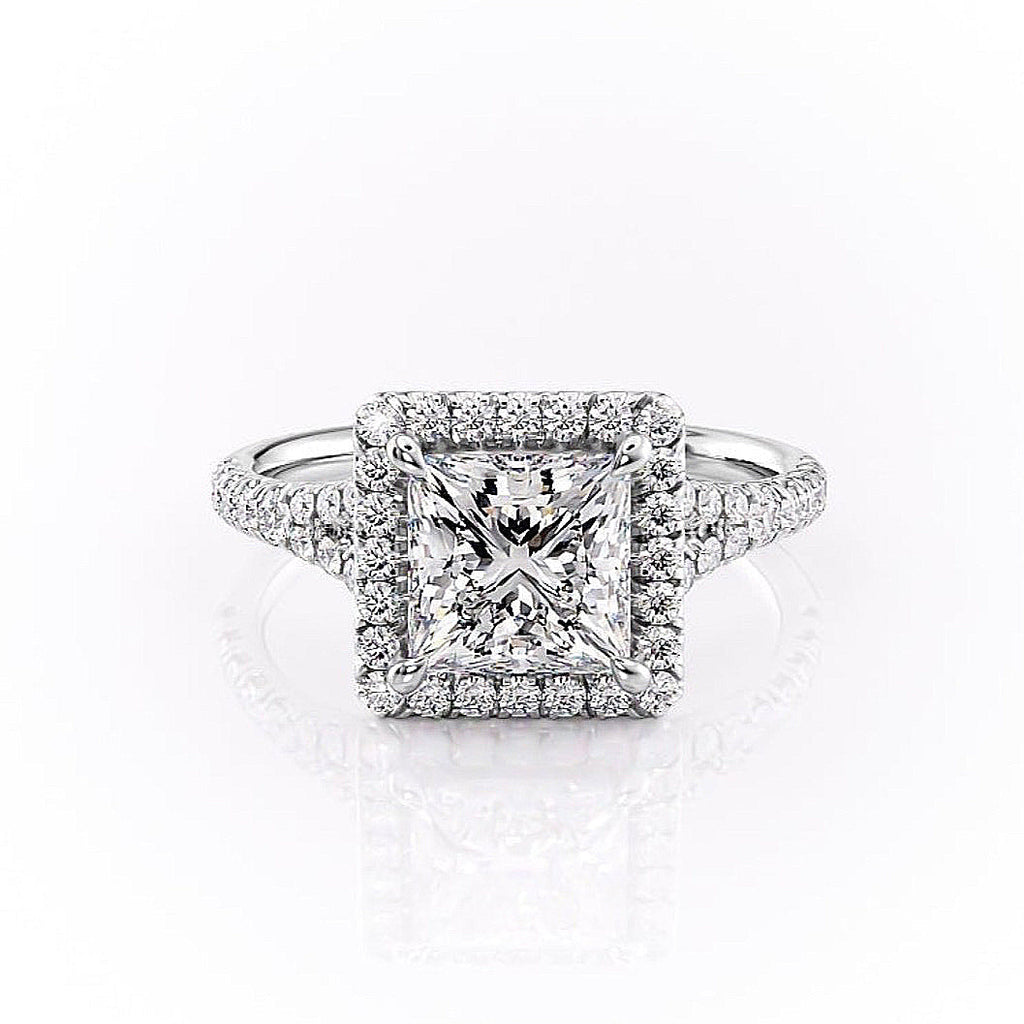 Princess Cut Lab Diamond Engagement Ring, Halo With Split Shank