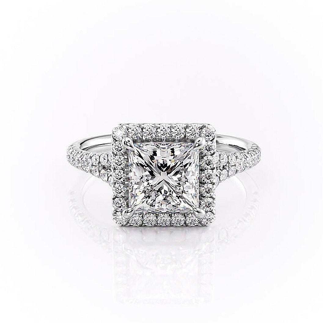 Princess Cut Lab Diamond Engagement Ring, Halo With Split Shank