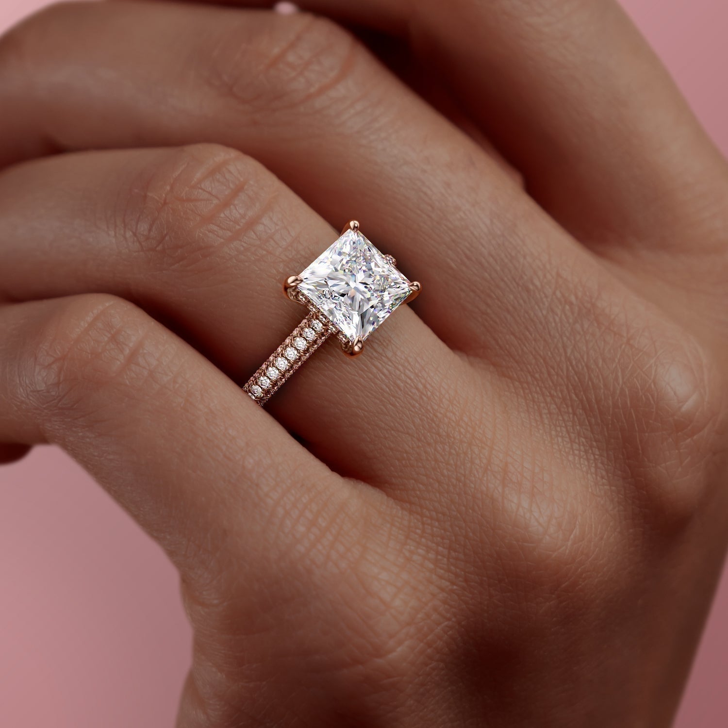 Princess Cut Lab Diamond Engagement Ring, Pave Set Shoulders