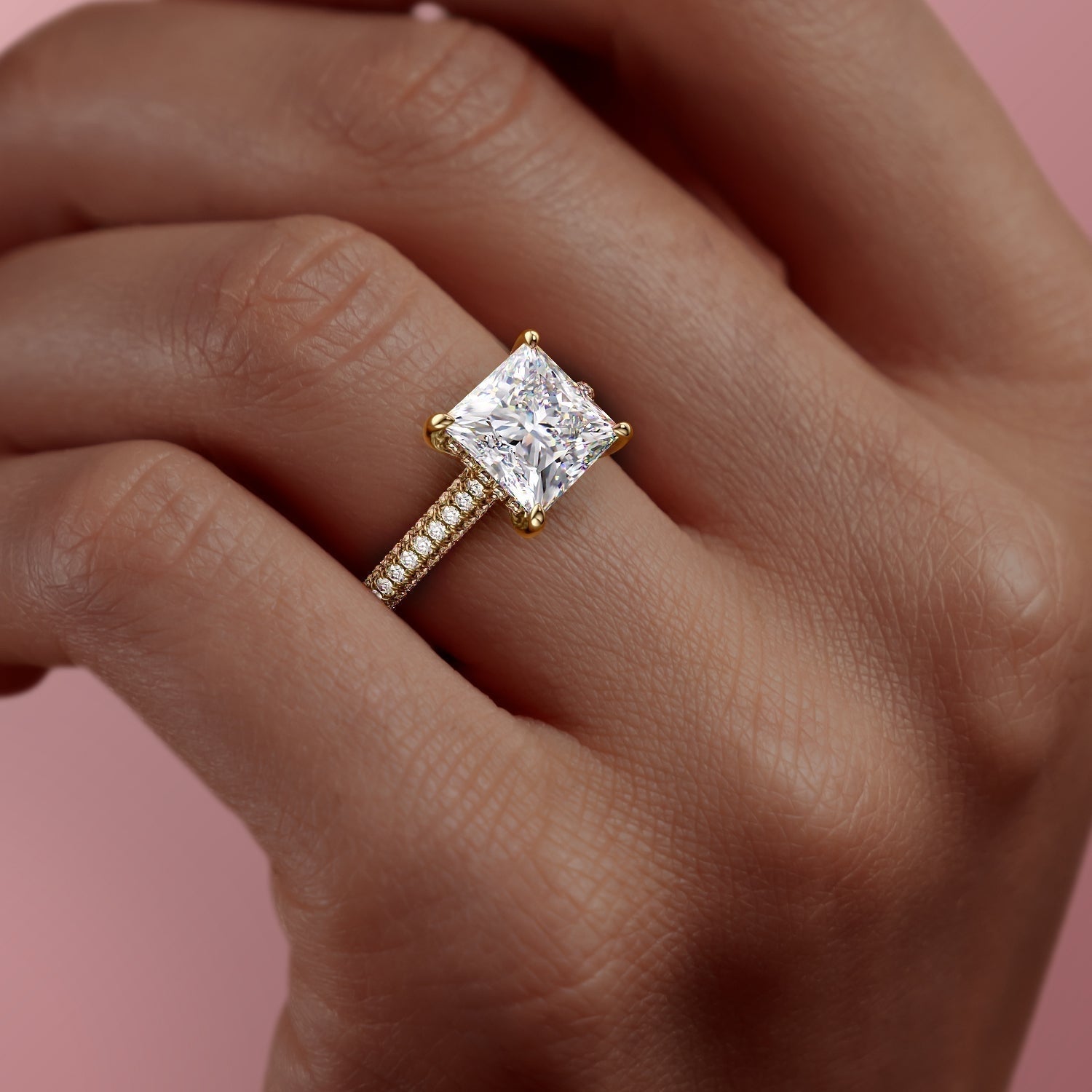 Princess Cut Lab Diamond Engagement Ring, Pave Set Shoulders
