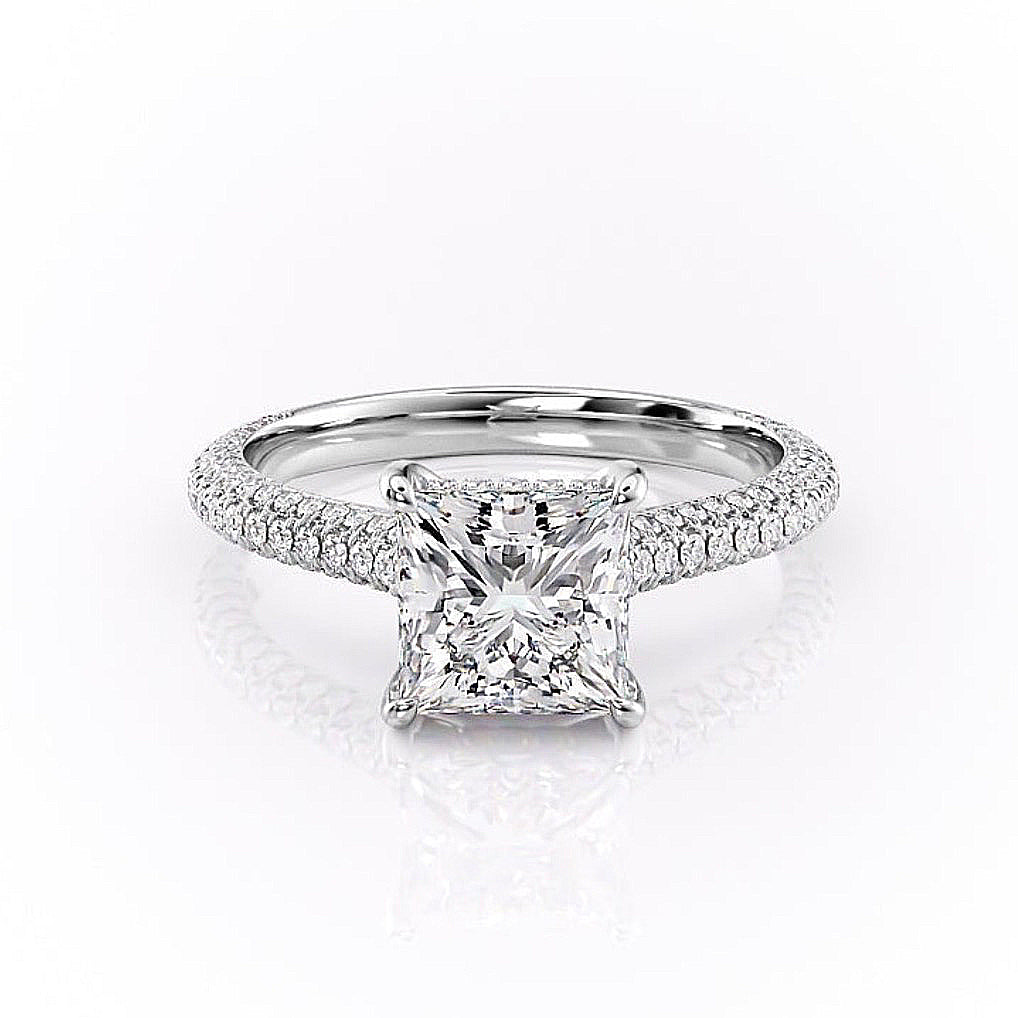 Princess Cut Lab Diamond Engagement Ring, Pave Set Shoulders