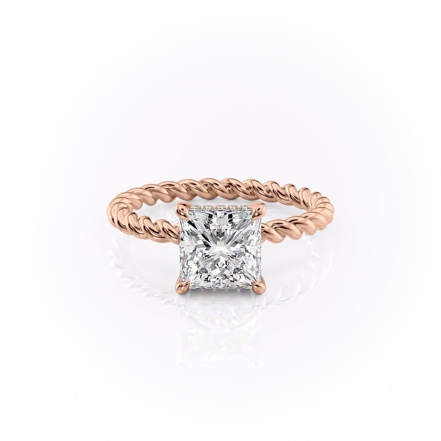 Princess Cut Lab Diamond Engagement Ring, Twisted Band With Hidden Halo