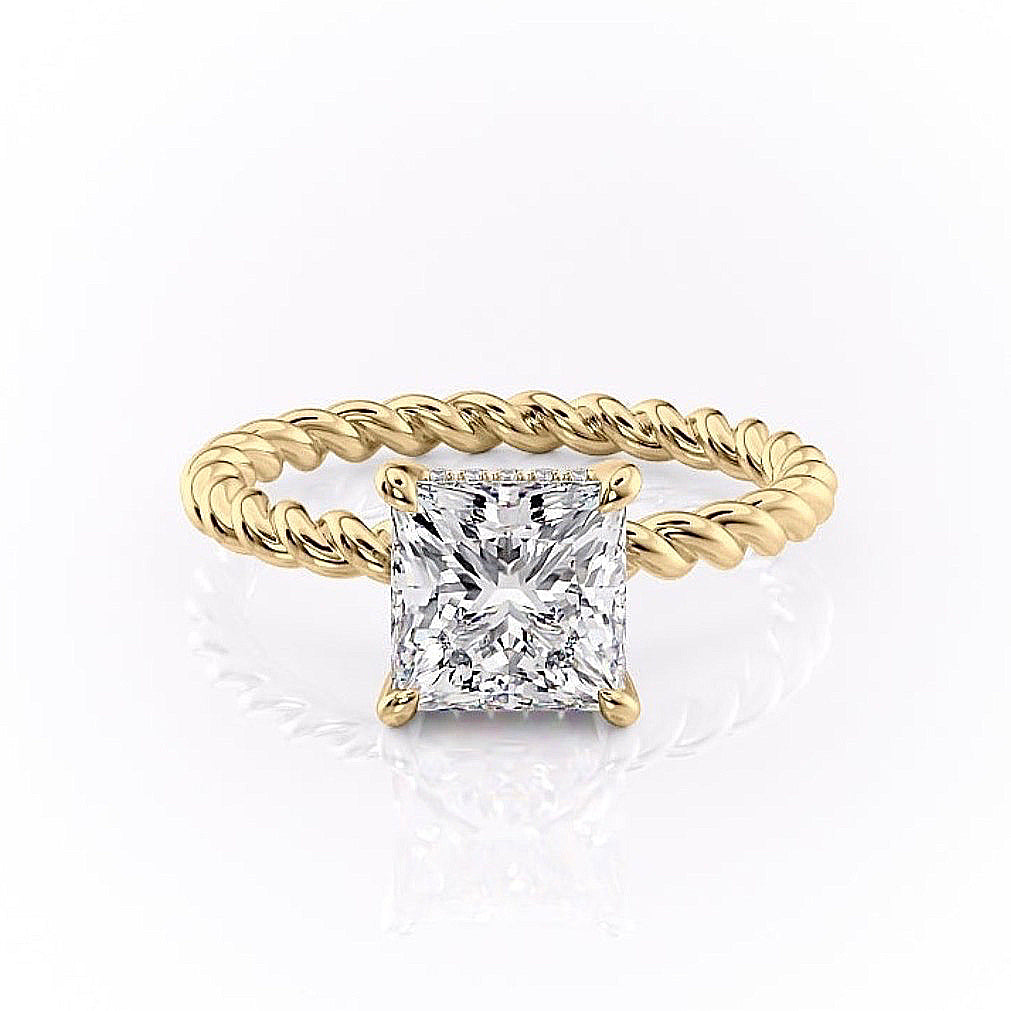 Princess Cut Lab Diamond Engagement Ring, Twisted Band With Hidden Halo