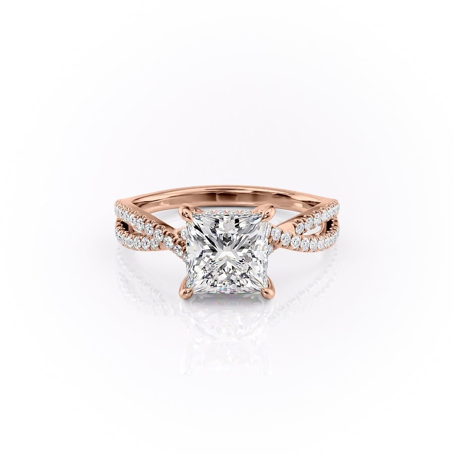 Princess Cut Lab Diamond Engagement Ring, Twisted Stone Set Shoulders