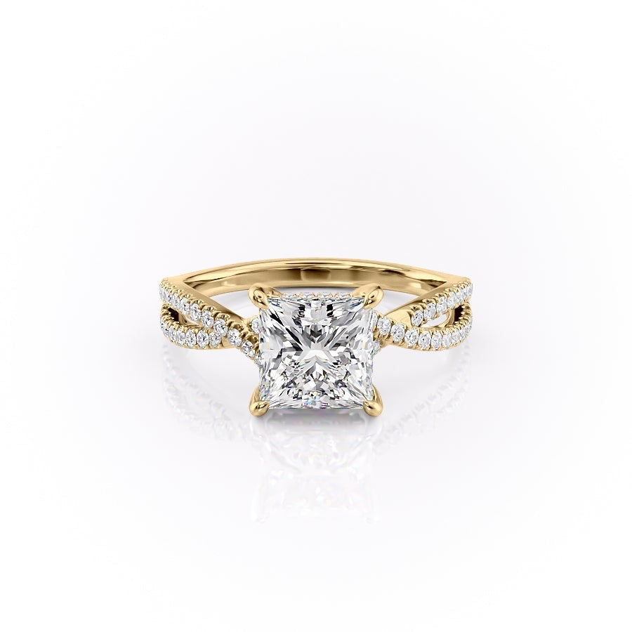 Princess Cut Lab Diamond Engagement Ring, Twisted Stone Set Shoulders