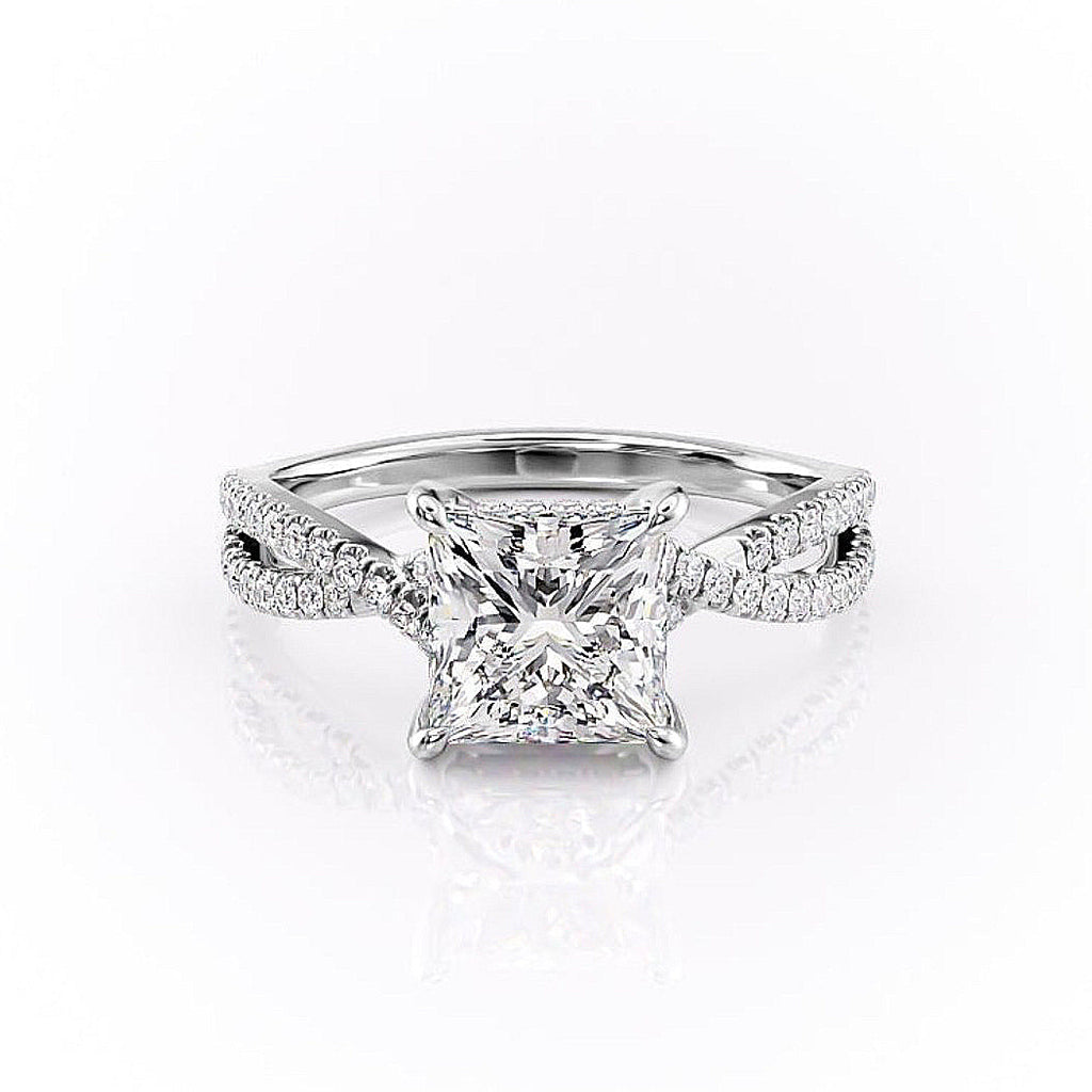 Princess Cut Lab Diamond Engagement Ring, Twisted Stone Set Shoulders