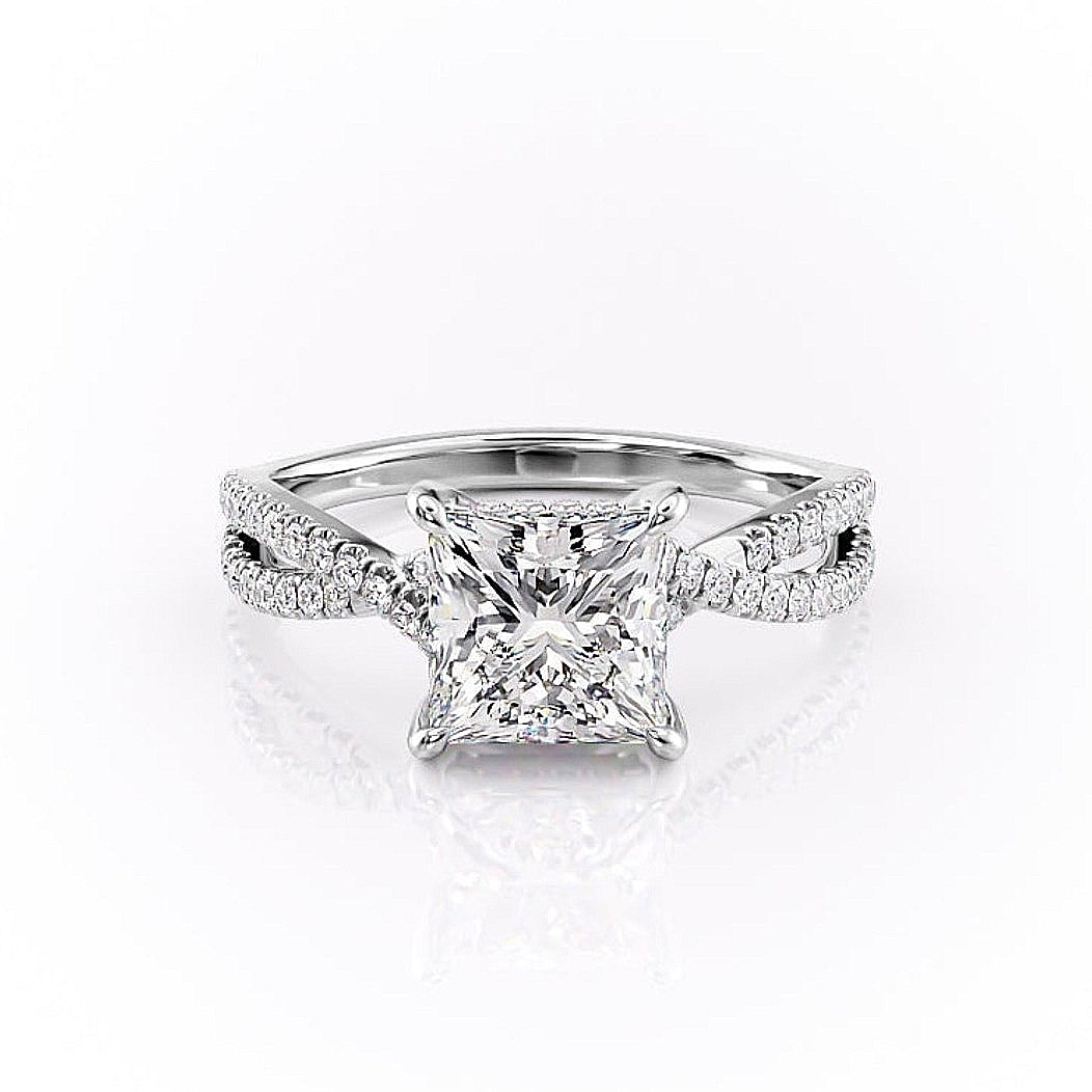 Princess Cut Lab Diamond Engagement Ring, Twisted Stone Set Shoulders