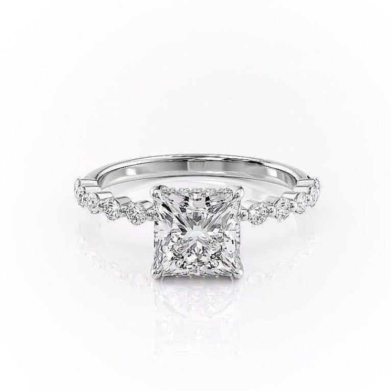 Princess Cut Lab Diamond Shoulder Set Ring With Hidden Halo