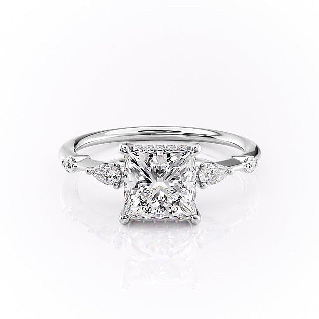 Princess Cut Lab Diamond Shoulder Set Ring With Hidden Halo