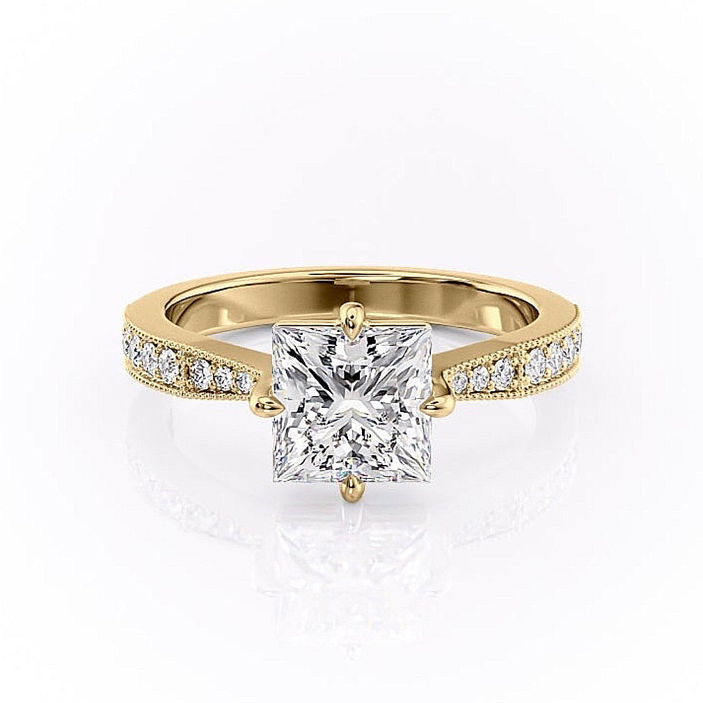 Princess Cut Lab Diamond Stone Set Shoulders With Milgrain Edge