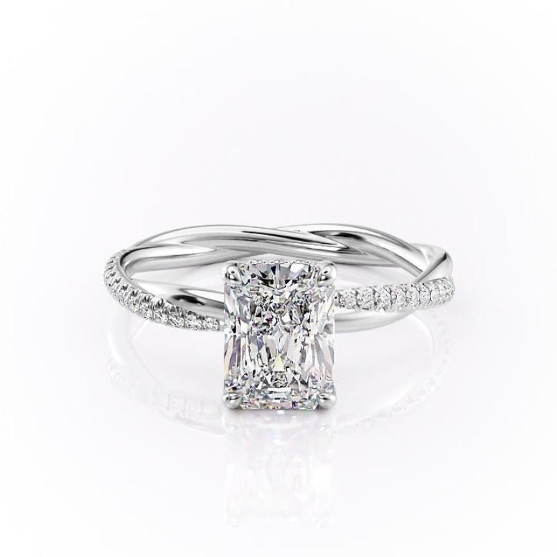 Radiant Cut Lab Diamond Twisted Shoulder Set Ring With Hidden Halo