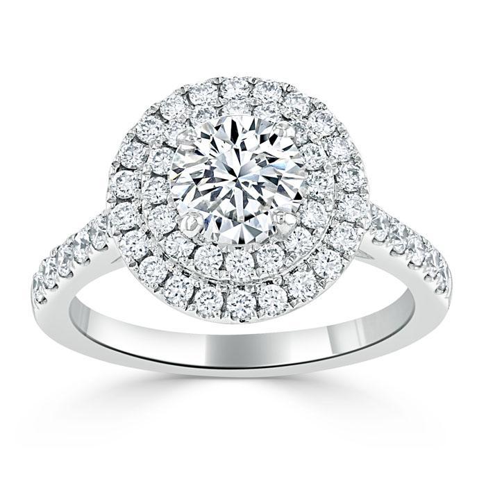 Round Cut Lab Diamond Double Halo Engagement Ring, Tiffany Style
