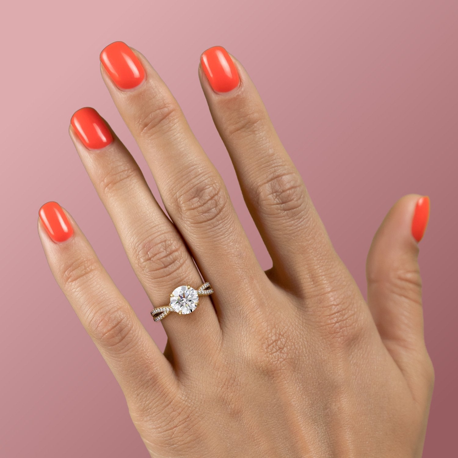 Round Cut Lab Diamond Engagement Ring, Twisted Stone Set Shoulders
